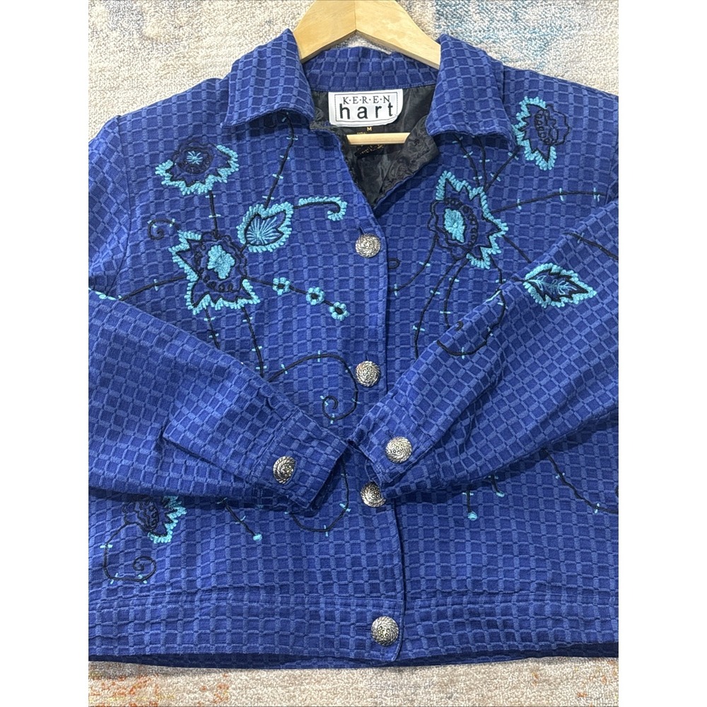 Karen Hart Womens Medium Blue Embroidered Jacket Textured Jacquard Button‎ Front